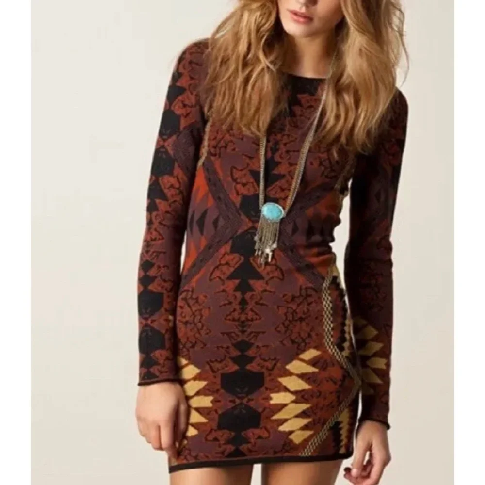 Free People Huntress of the Man aztec print long sleeve bodycon dress NWT - Picture 2 of 13